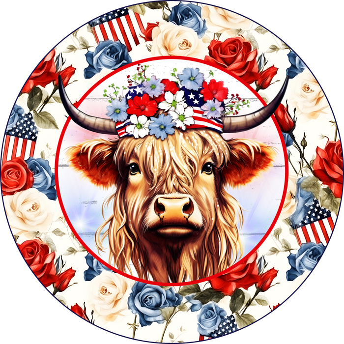 010 Highland Cow Design, 4th of July Sign, Patriotic -Summer Sign, Wreath Center, Wreath Attachment
