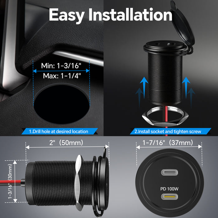 120W 12V USB C Socket 100W PD & 20W PD RV USB Outlet All-Aluminum