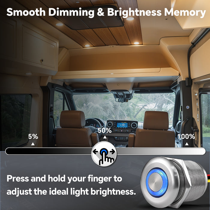 12V PWM Dimmer Switch Recessed Mount All Aluminum Push Button Dimming Switch, Blue Backlight 22mm Drill Hole 6A