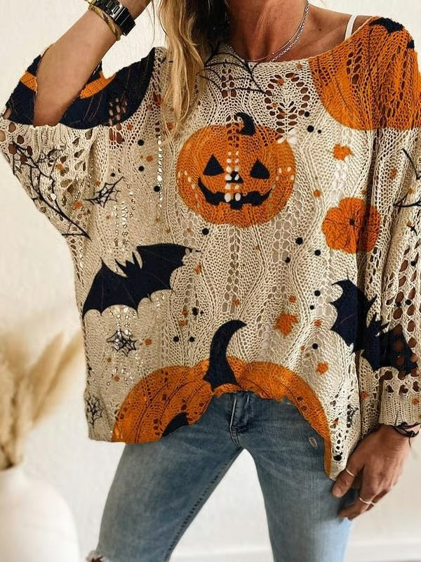 24-Hour Flash Deal⏰🎃 Women’s Halloween Pumpkin Print Knit Top – Casual & Elegant Loose Fit Sweater