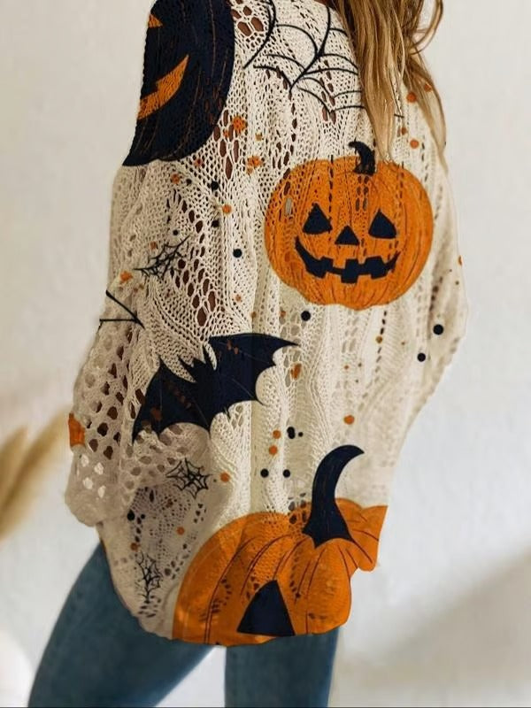 24-Hour Flash Deal⏰🎃 Women’s Halloween Pumpkin Print Knit Top – Casual & Elegant Loose Fit Sweater