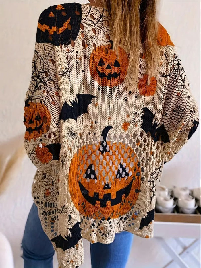 24-Hour Flash Deal⏰🎃 Women’s Halloween Pumpkin Print Knit Top – Casual & Elegant Loose Fit Sweater