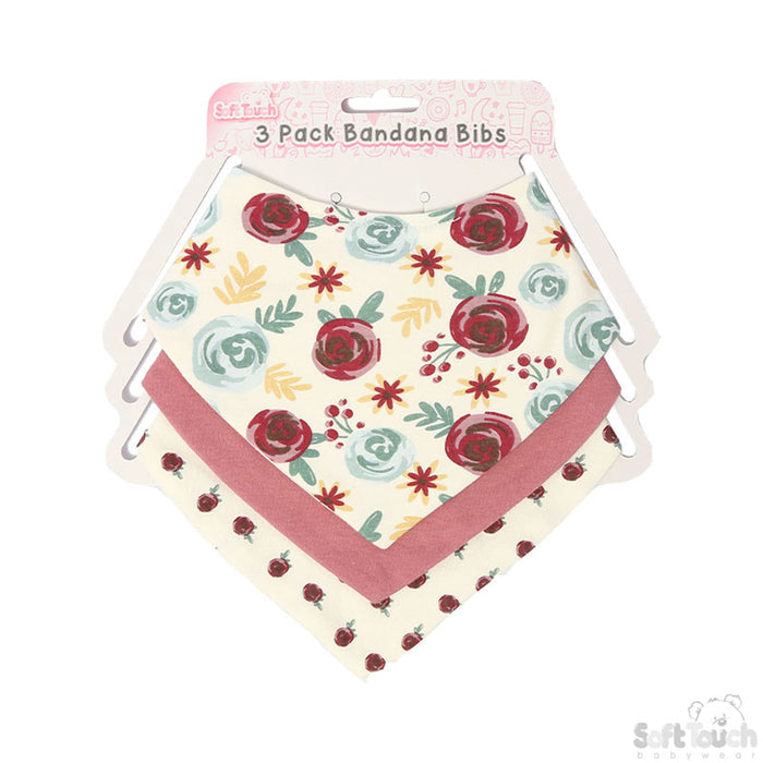 3 Pack Bandana Bib Set Plain, Floral-2CC104-B