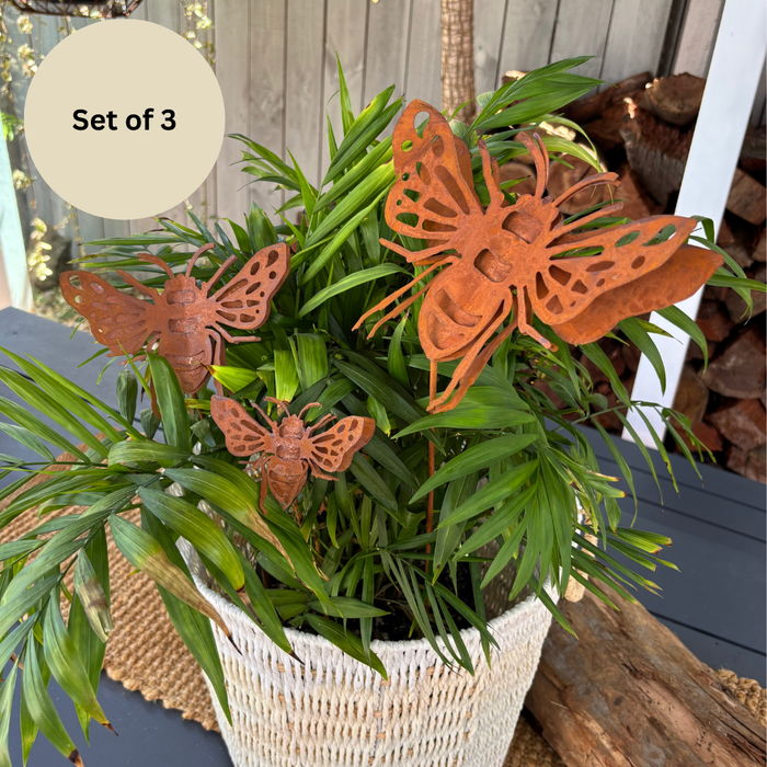 3PC RUSTY 3D BEE STAKES
