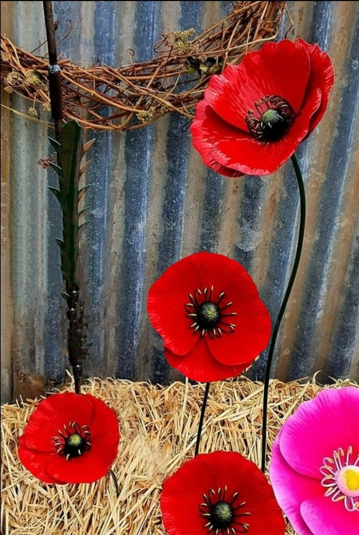 3PC SET RED METAL GARDEN POPPIES