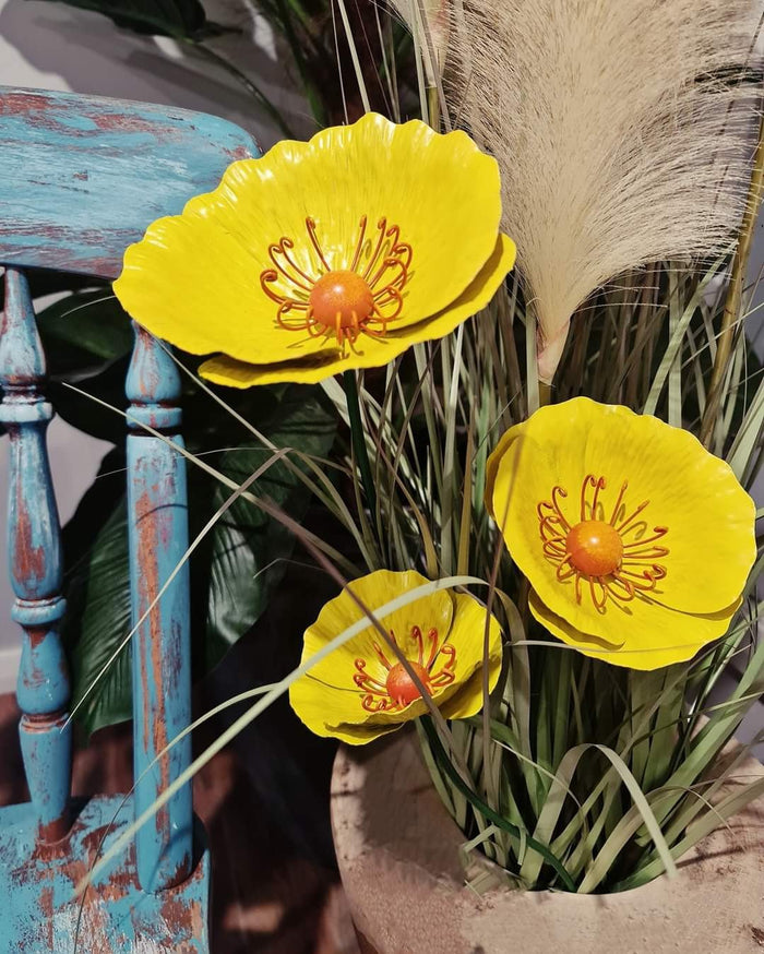 3PC SET YELLOW METAL GARDEN POPPIES
