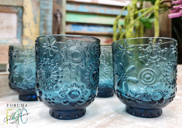 4PC SET GARDEN SMOKE BLUE GLASS TUMBLERS