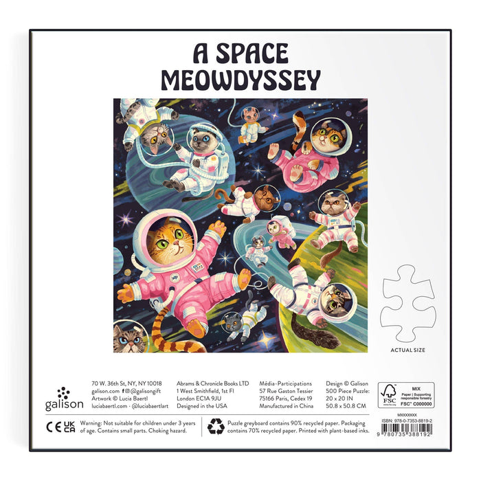 Puzzle box cover featuring cats in space-themed outfits with 'A Space Meowdyssey' text.