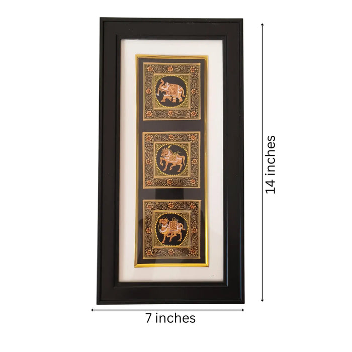 Framed artwork with three decorative panels on a white background