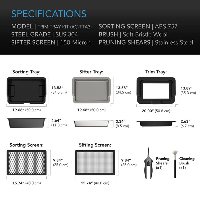 AC Infinity Large Trim Tray System: 3-Tray & 2-Screen Kit with Ergonomic Design and Stainless Steel Pruning Sheers