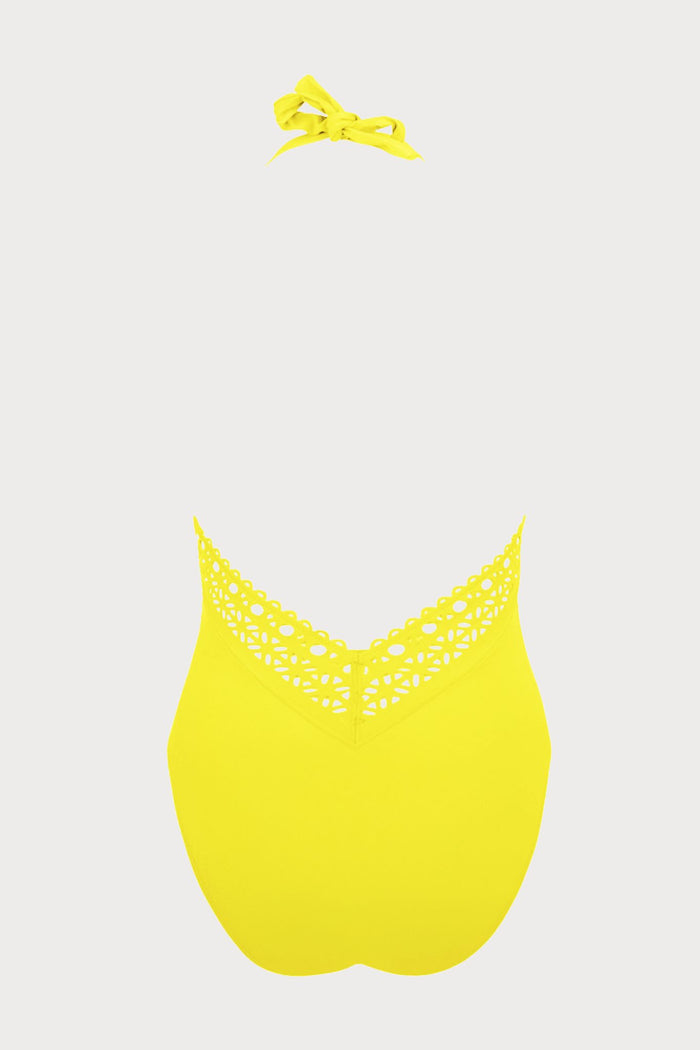 Ajourage Couture Plunging Back Halter Yellow Swimsuit