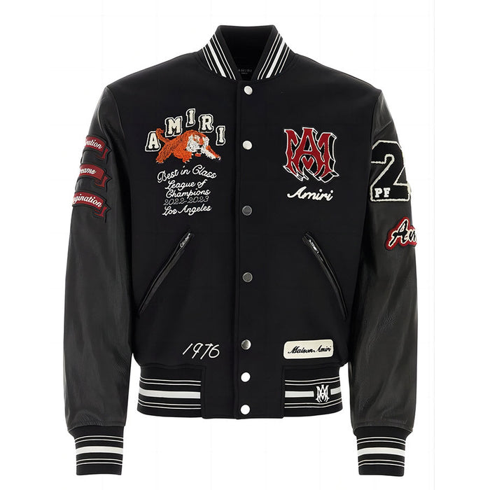 AMIRI Appliquéd Embroidered Wool-Blend Twill and Leather Varsity Jacket