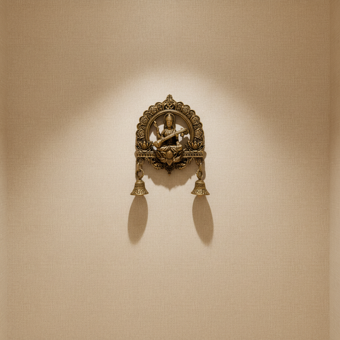 Antique Brass Finish Saraswati Wall Hanging with Bells   Brass Artwork
