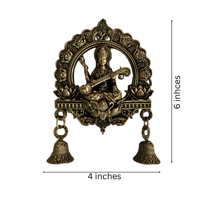 Antique Brass Finish Saraswati Wall Hanging with Bells   Brass Artwork