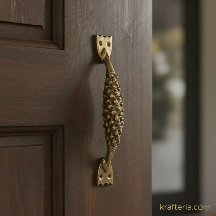Antique brass door handle with textured design for home or pooja room.