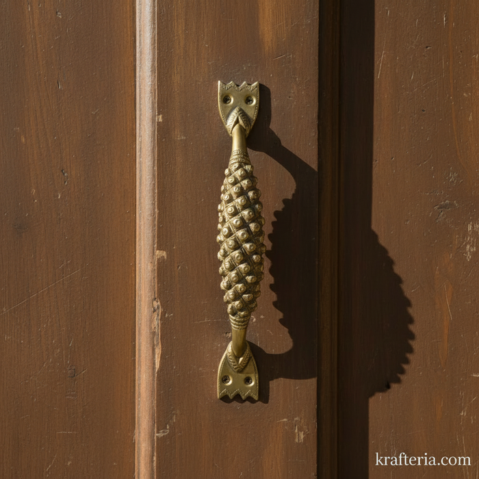 Antique brass door handle with intricate texture, perfect for a puja room or home decor.
