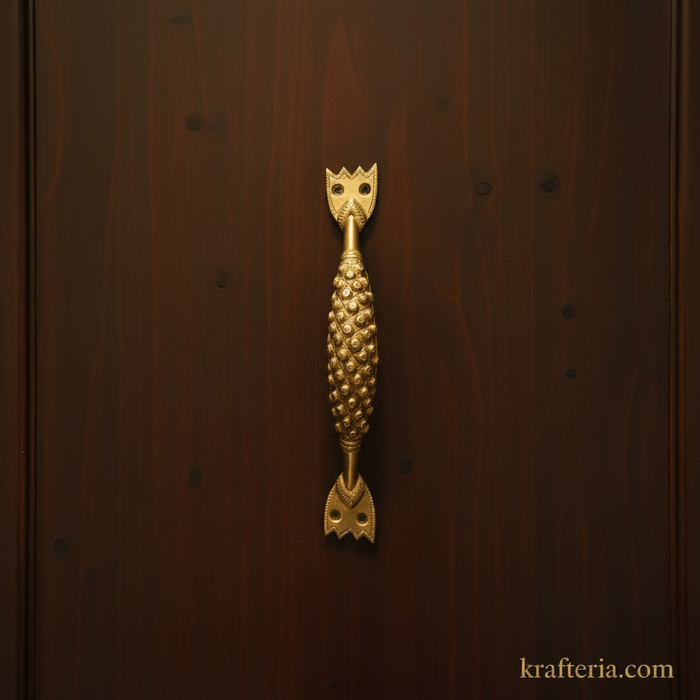 Antique brass door handle with texture, decorative home hardware.