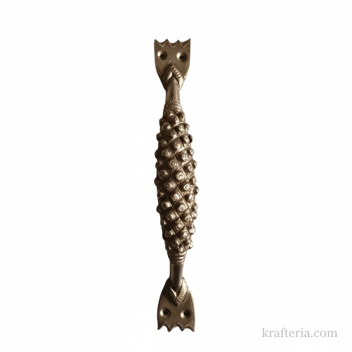 Antique brass door handle, textured, for home and pooja room decorative hardware.