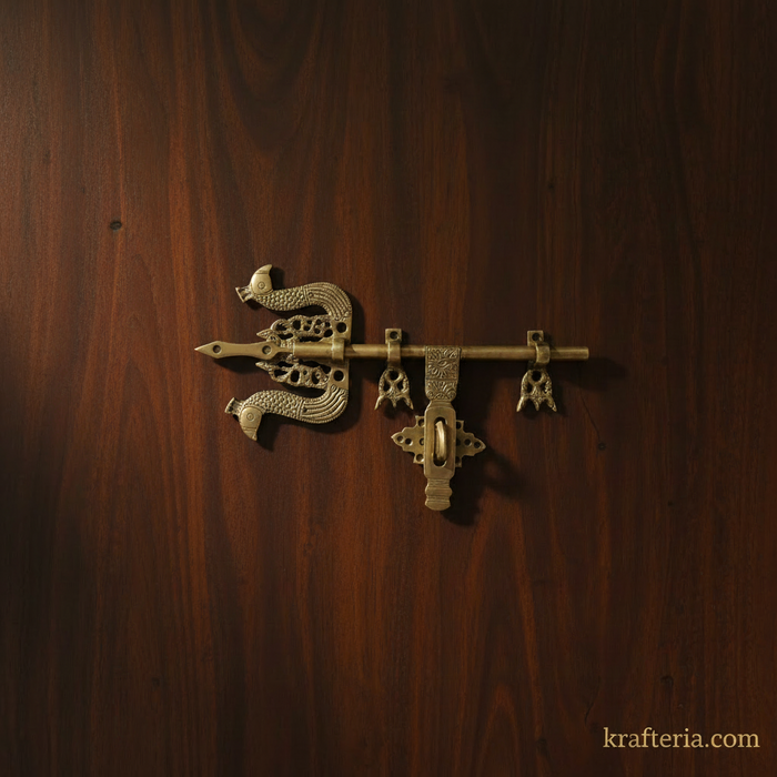 Antique brass door latch with trishul design, a traditional decorative door bolt.