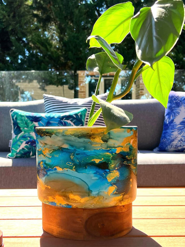 ARTISAN DESIGNED - CARIBBEAN JEWEL HEIST PLANTER - TIMBER BASE