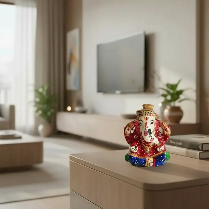 Artisan hand-painted Ganesha idol with royal red and blue Meenakari finish, traditional Indian decorative figurine