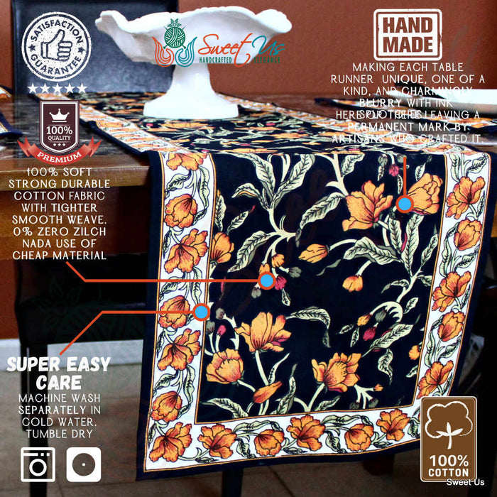 The Affluent Floral French Country Cotton Table Runner, Amber Black - Sweet Us