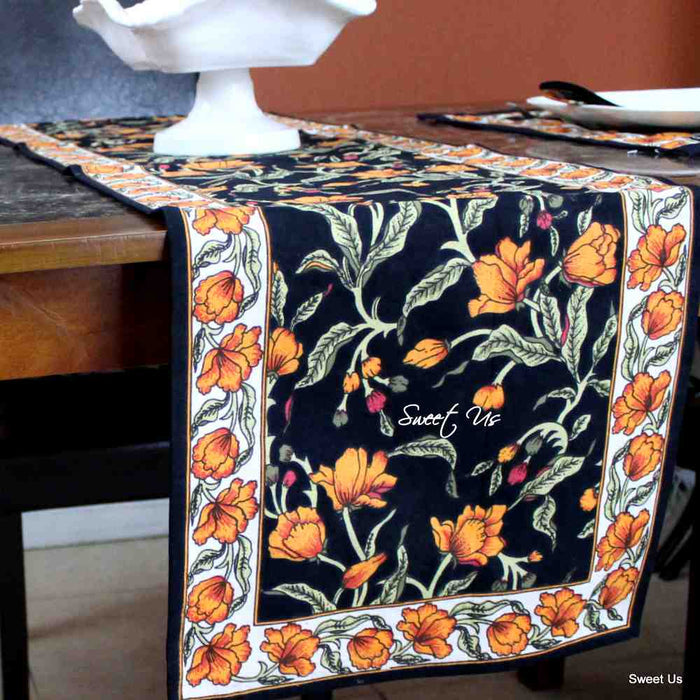 The Affluent Floral French Country Cotton Table Runner, Amber Black - Sweet Us