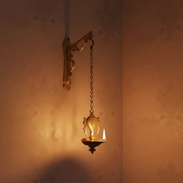 Auspicious Handcrafted Hanging Brass Deepam (Diya) with Decorative Shankha Motif   Brass Ware