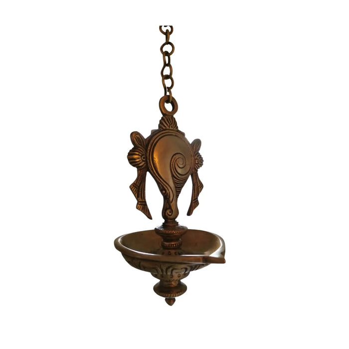 Auspicious Handcrafted Hanging Brass Deepam (Diya) with Decorative Shankha Motif   Brass Ware
