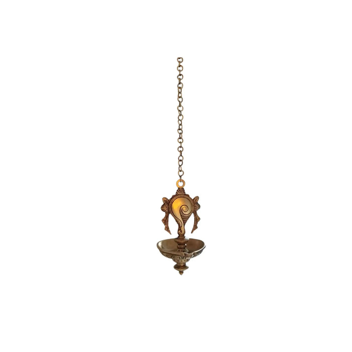 Auspicious Handcrafted Hanging Brass Deepam (Diya) with Decorative Shankha Motif   Brass Ware