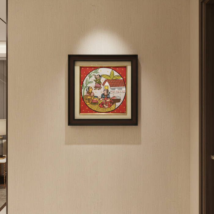 Cheriyal village life painting, framed wall decor.
