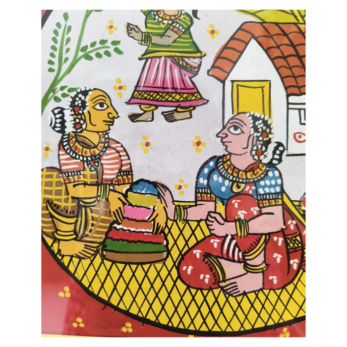 Cheriyal village life painting: vibrant Indian village scene, framed art.