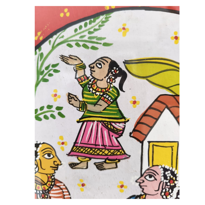 Cheriyal village life painting in a frame. Authentic Indian folk art.