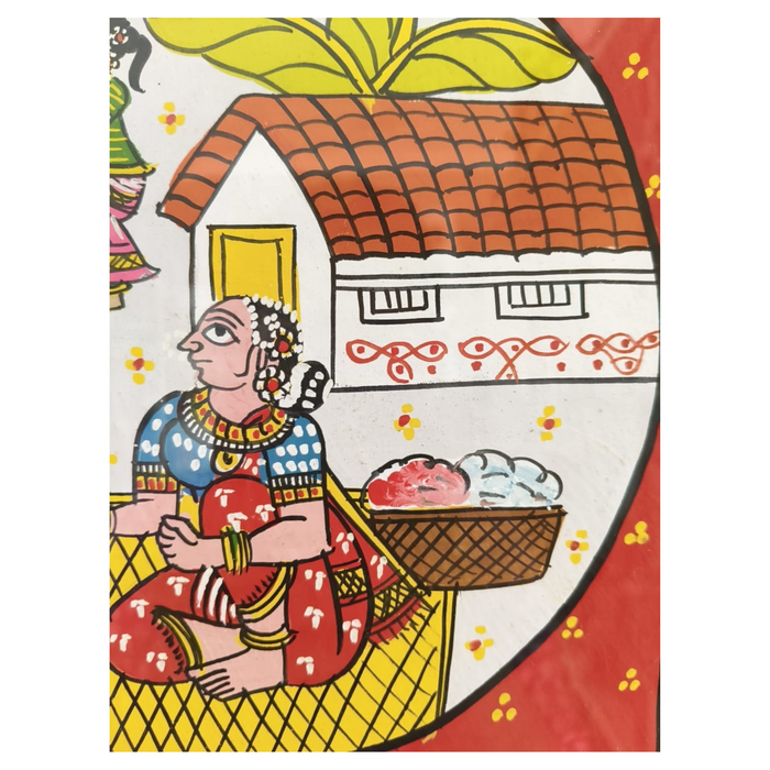Authentic Cheriyal village life painting, vibrant framed wall art depicting Indian village scene.
