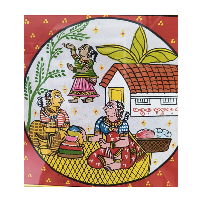 Framed Cheriyal village life painting, authentic Indian folk art.