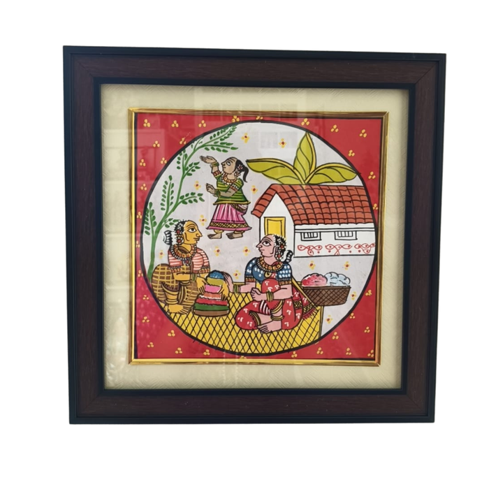 Authentic Cheriyal village life painting, framed Indian art decor.