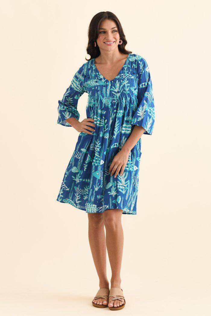 Ava Cobalt Sea Cotton Pocket Dress,Brunette model,alt text|model:Brontie
