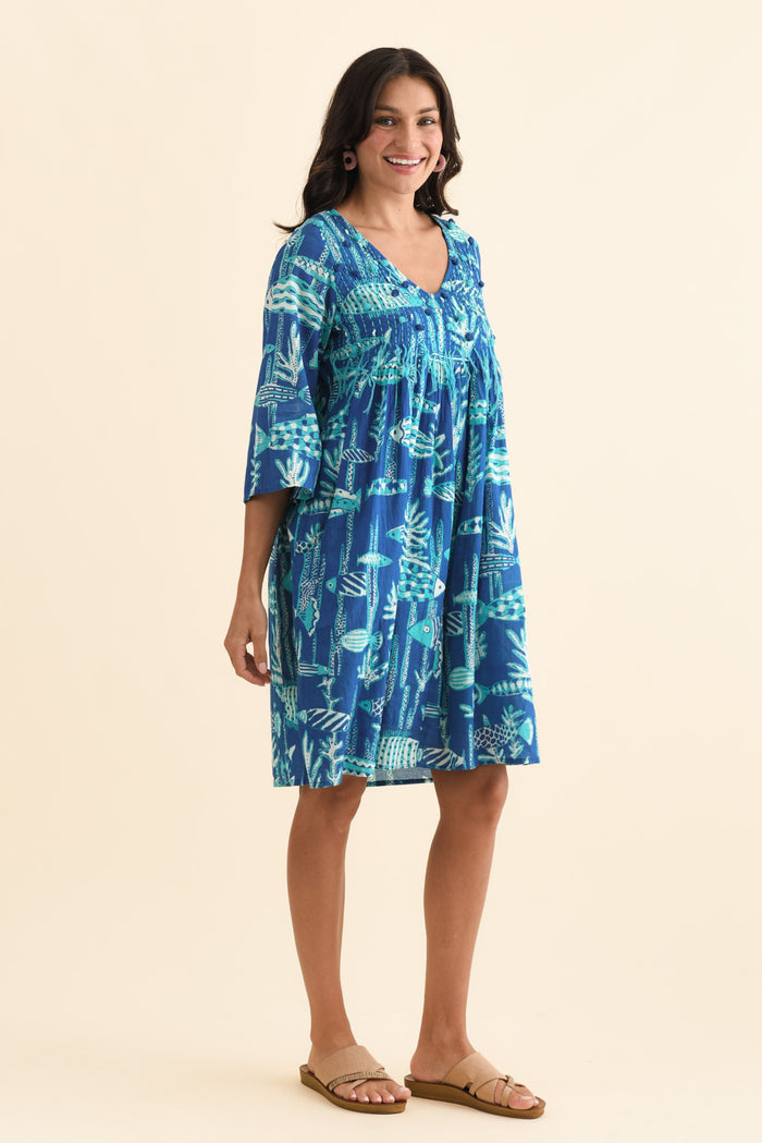 Ava Cobalt Sea Cotton Pocket Dress,Brunette model,alt text|model:Brontie