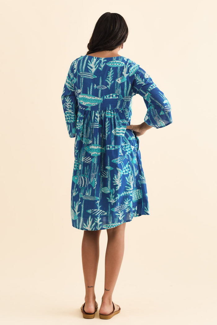 Ava Cobalt Sea Cotton Pocket Dress,Brunette model,alt text|model:Brontie