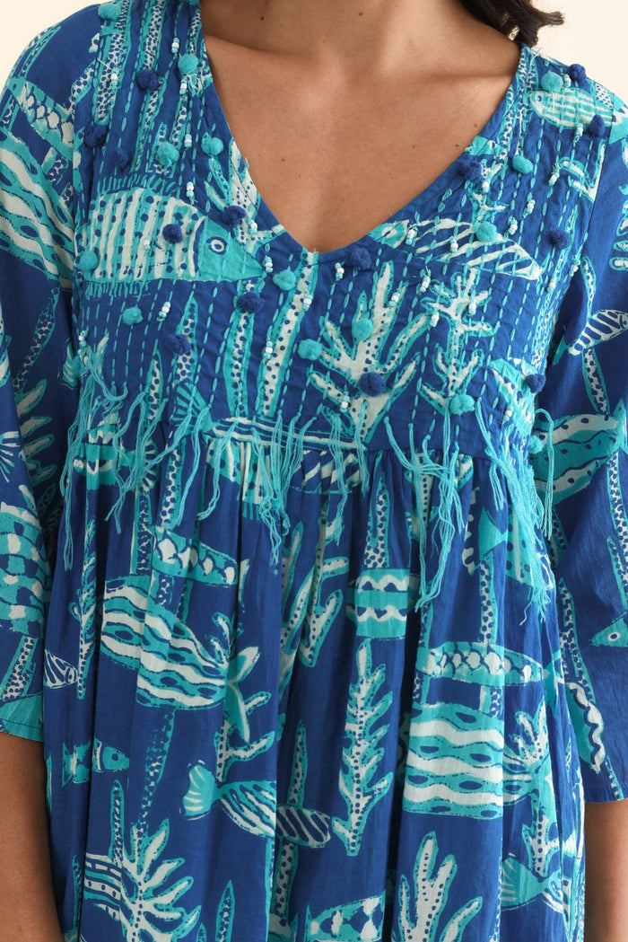 Ava Cobalt Sea Cotton Pocket Dress,Brunette model,alt text|model:Brontie