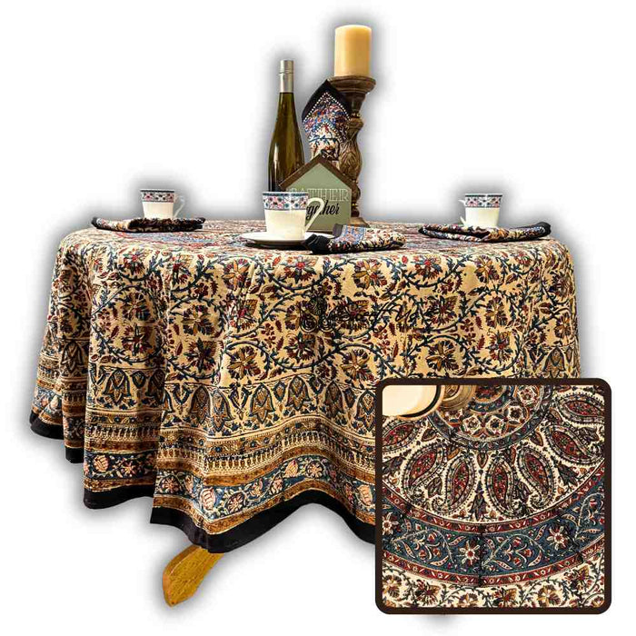 Vintage Paisley Block Print Cotton Floral Tablecloth Round, Aqua Dusk - Sweet Us