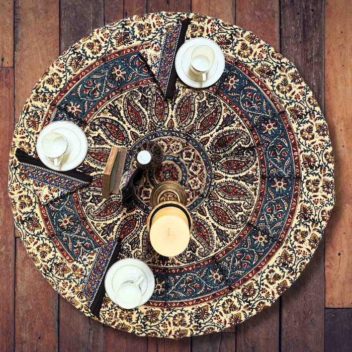 Vintage Paisley Block Print Cotton Floral Tablecloth Round, Aqua Dusk - Sweet Us