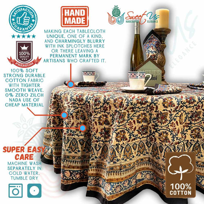 Vintage Paisley Block Print Cotton Floral Tablecloth Round, Aqua Dusk - Sweet Us