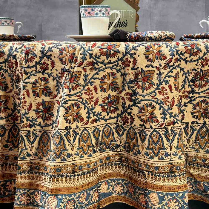 Vintage Paisley Block Print Cotton Floral Tablecloth Round, Aqua Dusk - Sweet Us