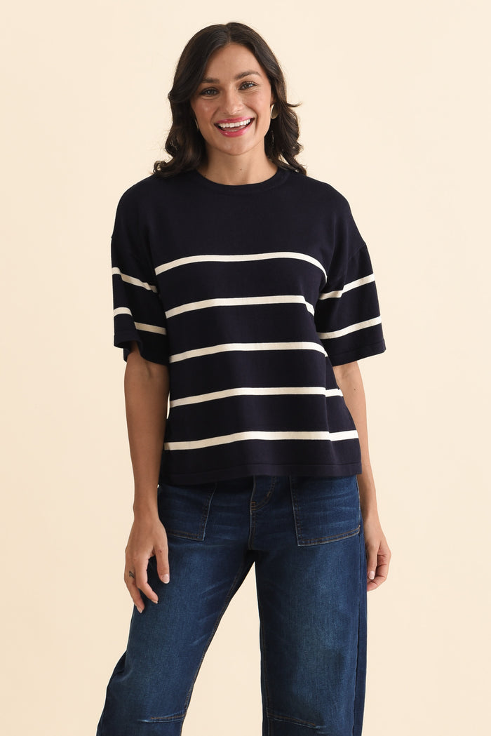 Bailey Navy Stripe Boxy Sweat,Brunette model,alt text|model:Brontie