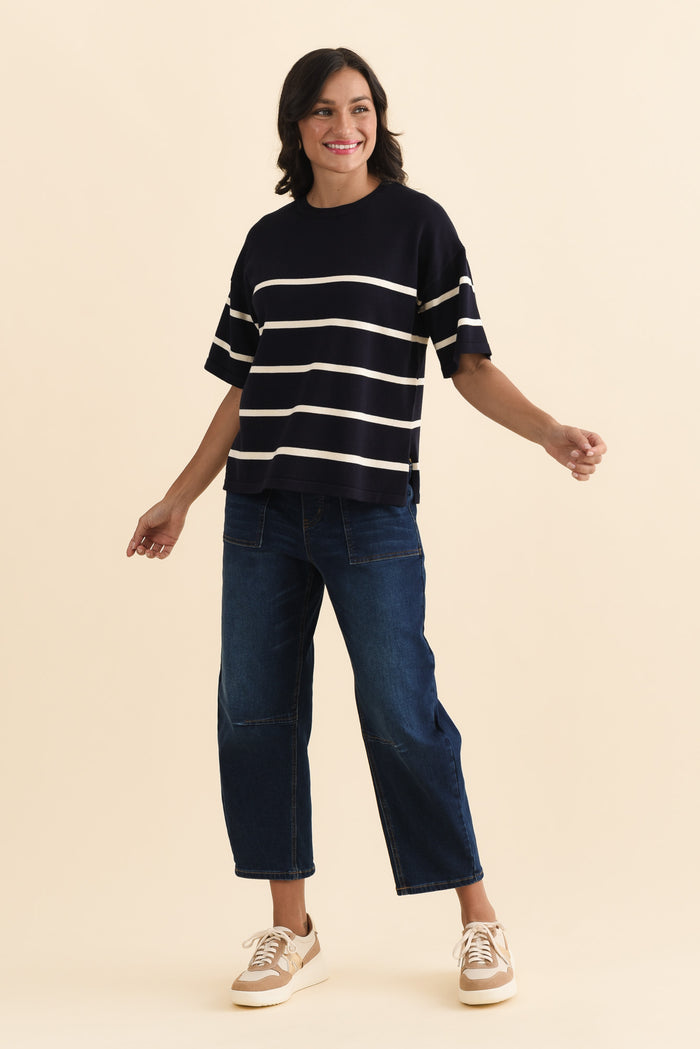 Bailey Navy Stripe Boxy Sweat,Brunette model,alt text|model:Brontie