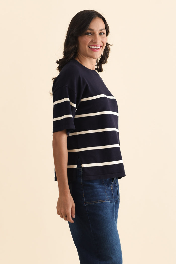 Bailey Navy Stripe Boxy Sweat,Brunette model,alt text|model:Brontie