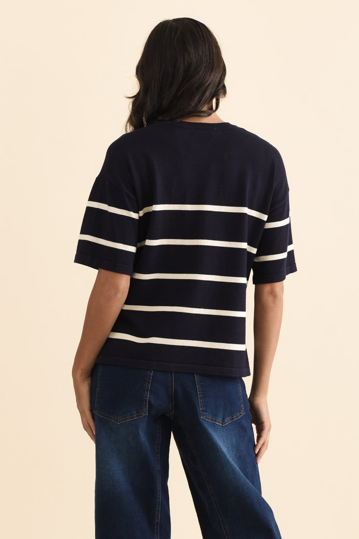 Bailey Navy Stripe Boxy Sweat,Brunette model,alt text|model:Brontie