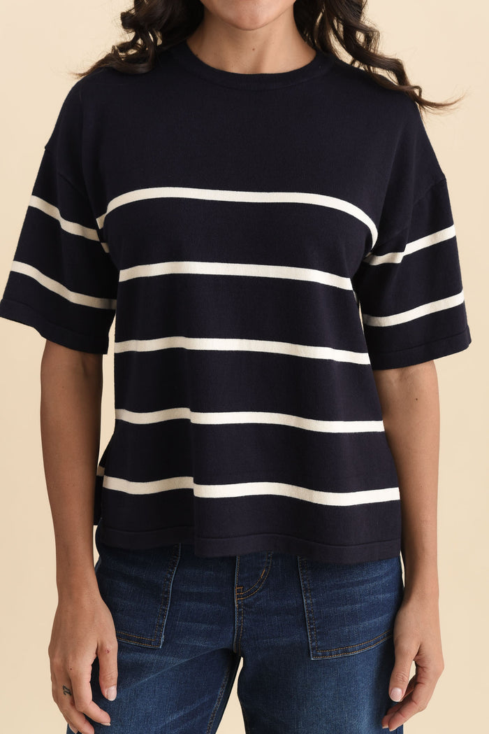 Bailey Navy Stripe Boxy Sweat,Brunette model,alt text|model:Brontie