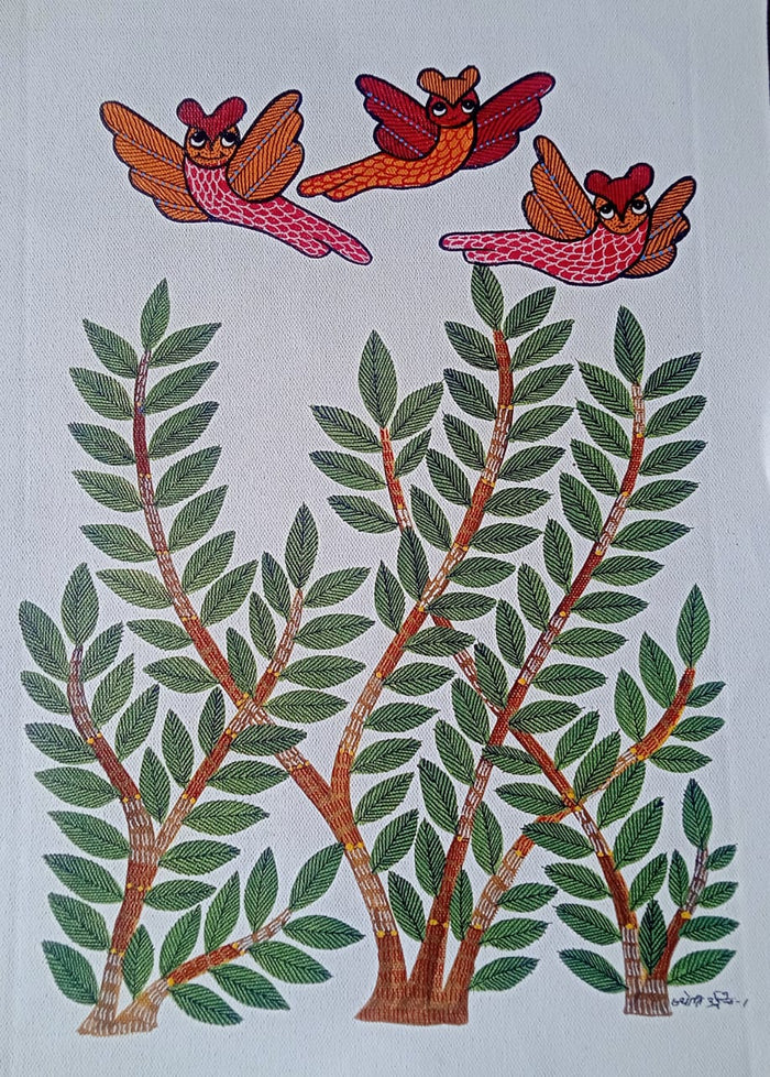 Birds in Flight Over the Sacred Grove - Gond Painting   Paintings